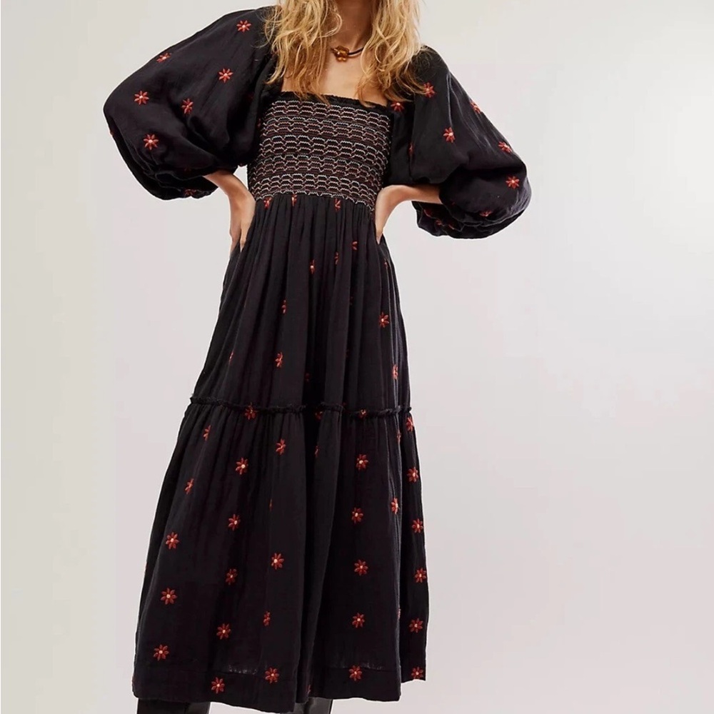 NWT Free People Dahlia Embroidered Maxi Dress Gauzy Smocked Floral Black XSmall